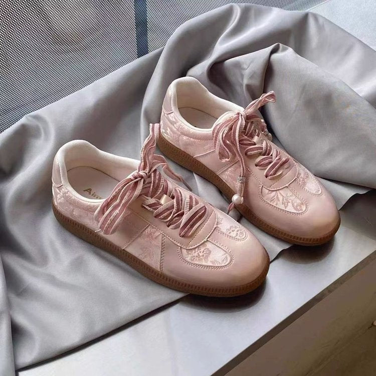 Damen Modische Sneakers mit floralem Design und dekorativen Schnürsenkeln EB