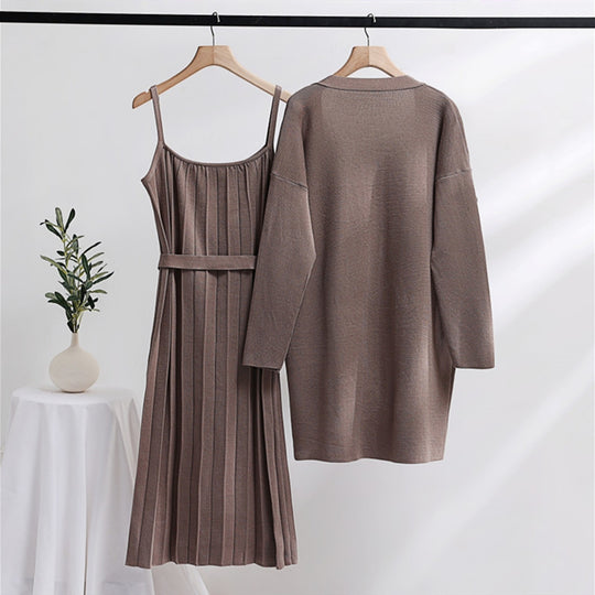 Damen elegantes und lässiges Strickkleid mit passender Strickjacke EB