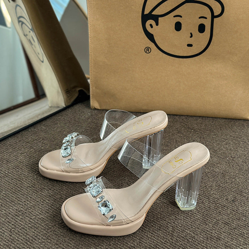 Damen Glamouröse Plateau-Sandalen mit durchsichtigen Riemen und funkelnden Kristall-Akzenten EB