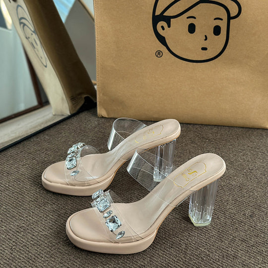 Damen Glamouröse Plateau-Sandalen mit durchsichtigen Riemen und funkelnden Kristall-Akzenten EB