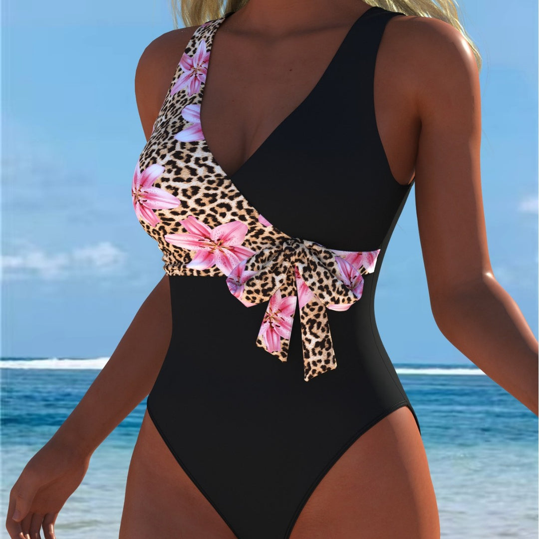Damen Einteiliger Badeanzug mit floralem Wickeldesign und trendigem Leopardenmuster EB