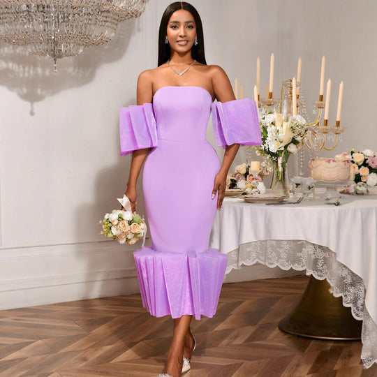 Damen Elegantes Midi-Kleid mit voluminösen Rüschenärmeln und asymmetrischem Saum EB