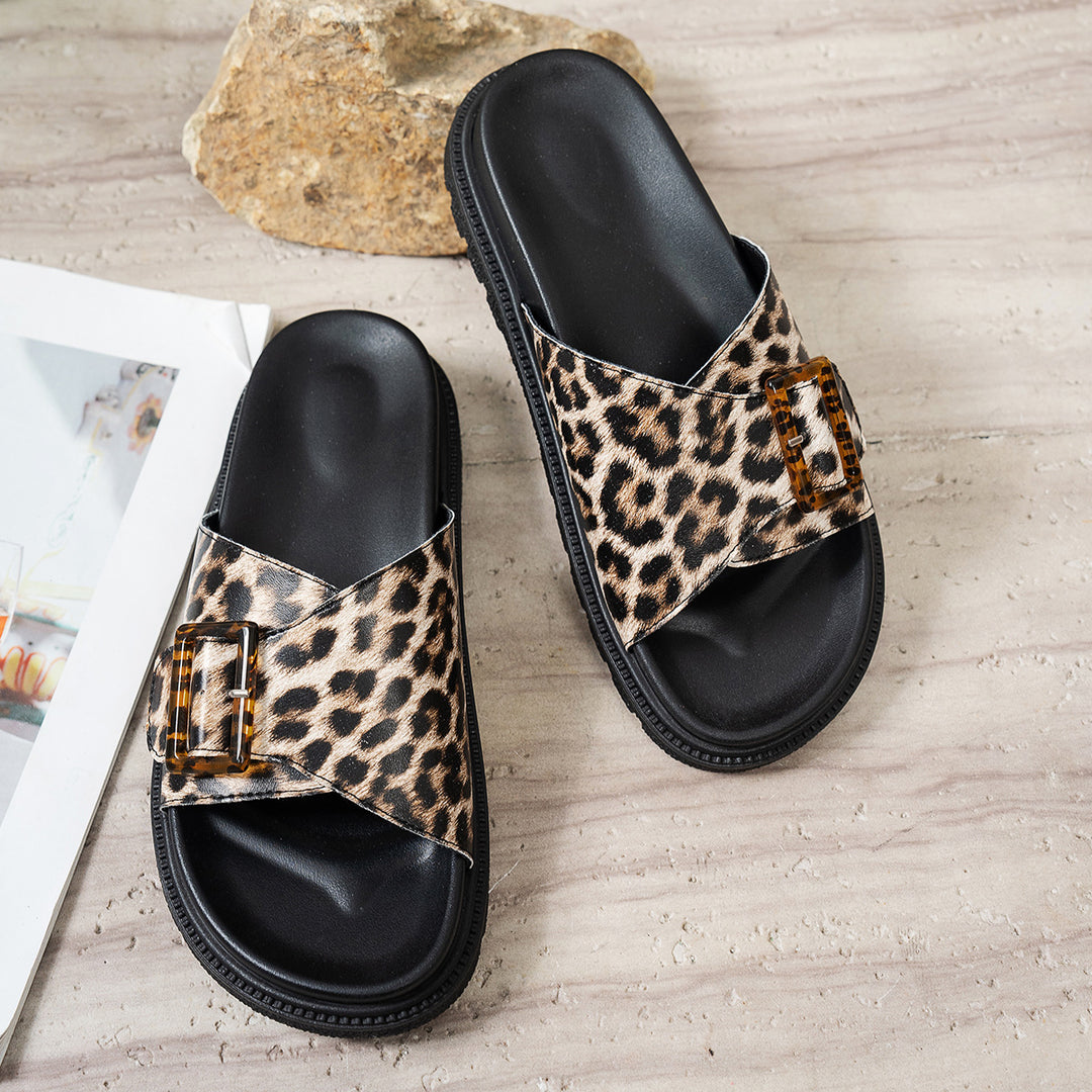 Damen stylische Slide-Sandalen mit Leopardenmuster und modischem Schnallen-Design EB