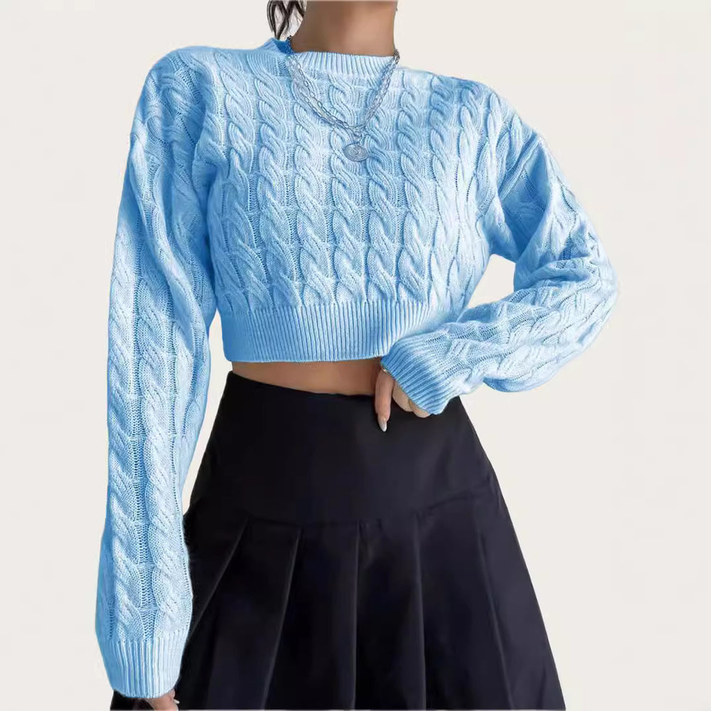 Damen kuscheliger Cropped Pullover mit Zopfmuster EB