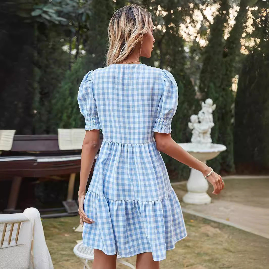 Damen Gingham-Kleid mit Volant und Puffärmeln EB