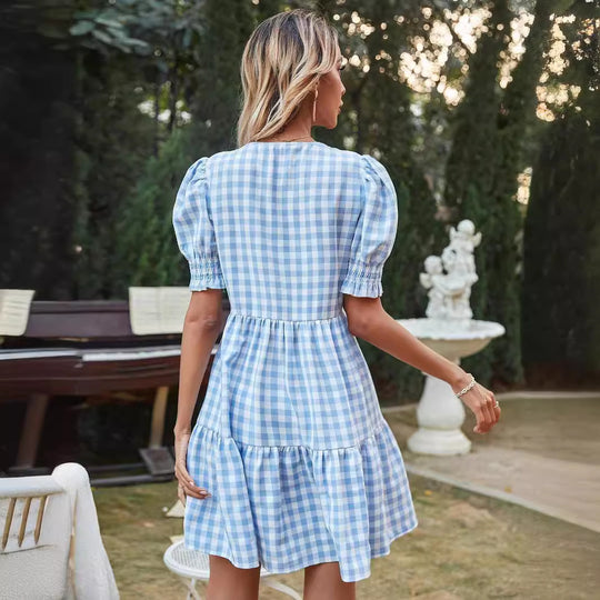 Damen Gingham-Kleid mit Volant und Puffärmeln EB