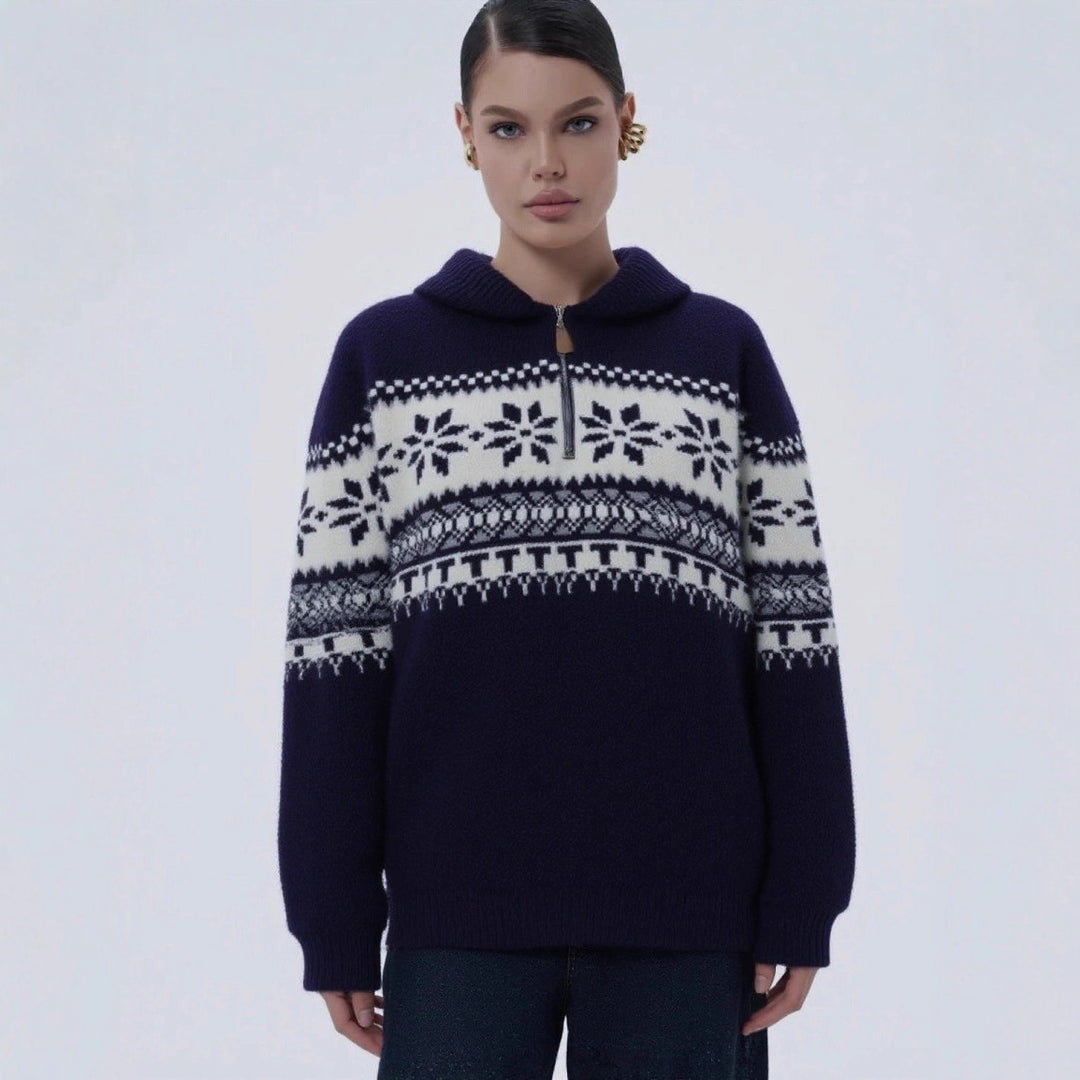 Damen gestrickter Pullover mit Halskragen und Modischem Norweger-Muster EB