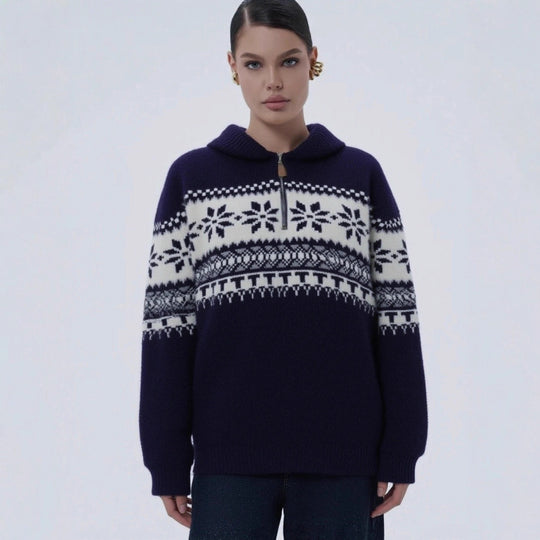 Damen gestrickter Pullover mit Halskragen und Modischem Norweger-Muster EB