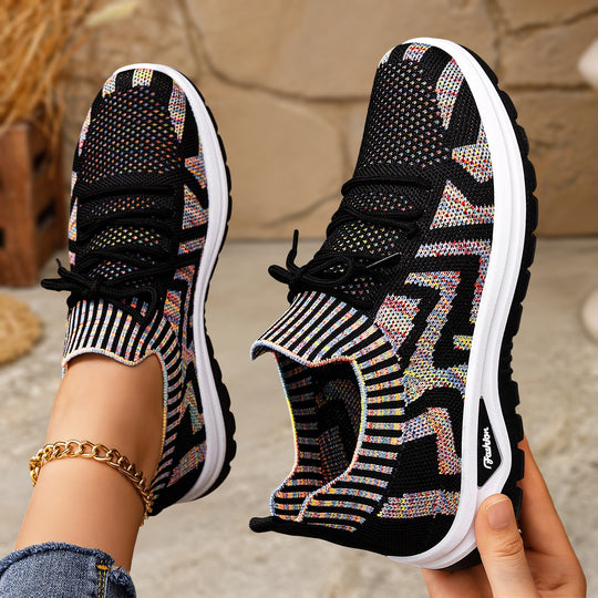 Damen nan gestrickter Sockensneaker mit Jacquard-Muster, elastischem Schaft, integrierter Schnürung und stoßdämpfender Profilsohle EB