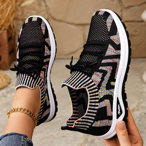 Damen nan gestrickter Sockensneaker mit Jacquard-Muster, elastischem Schaft, integrierter Schnürung und stoßdämpfender Profilsohle EB