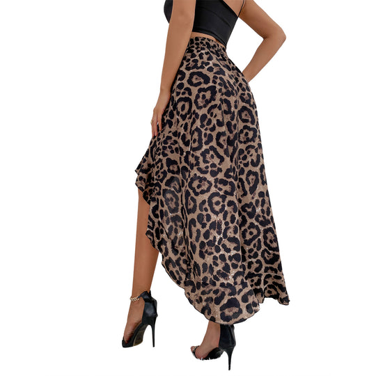 Damen Asymmetrischer Maxi-Rock mit aufregendem Leopardenmuster und Rüschendetails EB