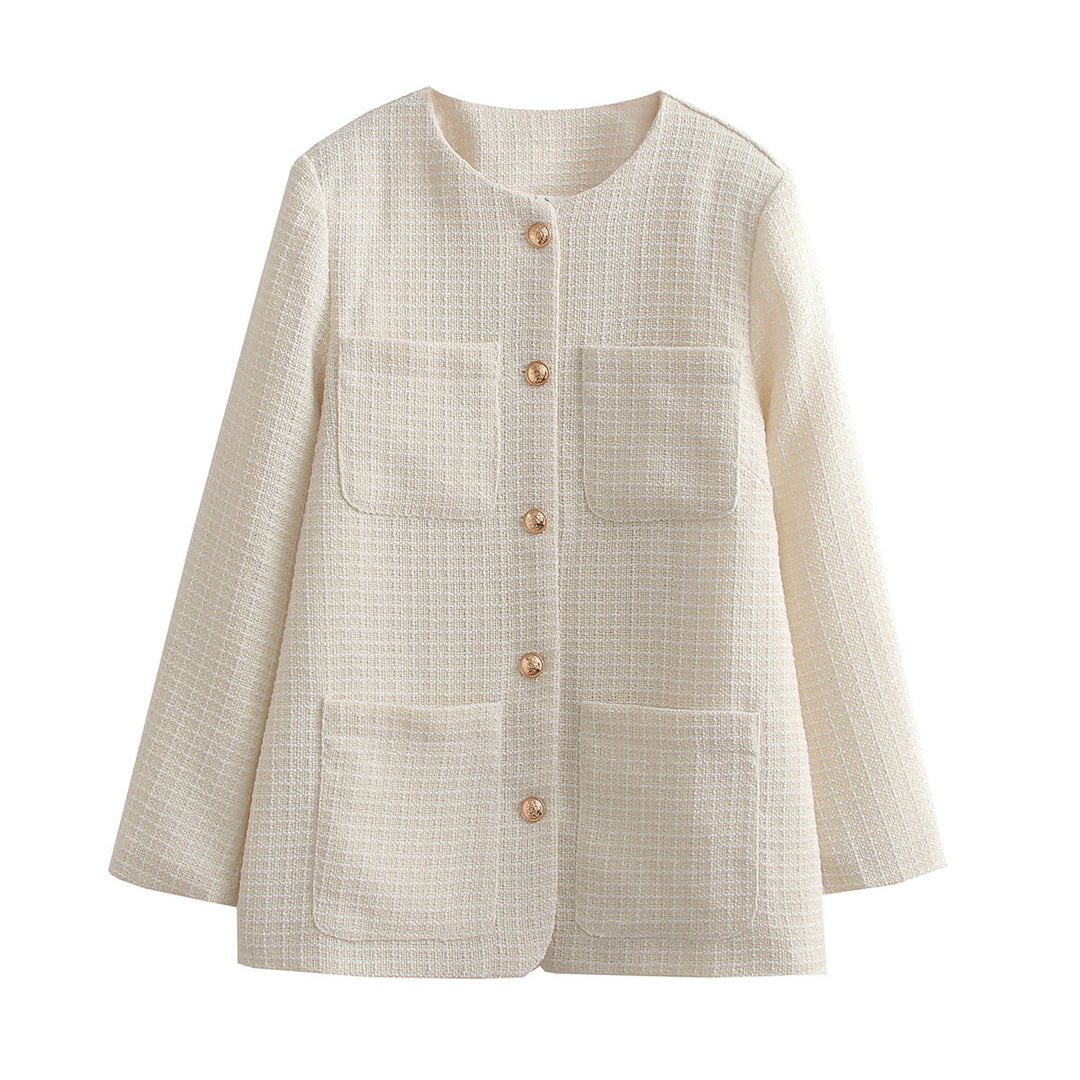 Damen Bouclé-Tweed Blazerjacke mit Rundhals und aufgesetzten Taschen EB
