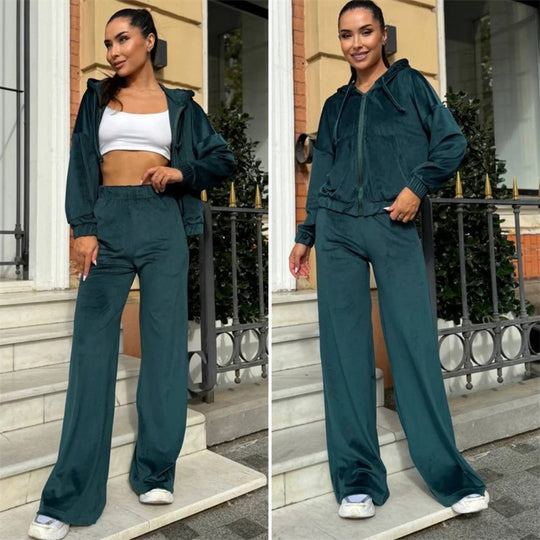 Damen Velours-Zip-Kapuzenjacke mit Marlene-Jogginghose Lounge-Set EB