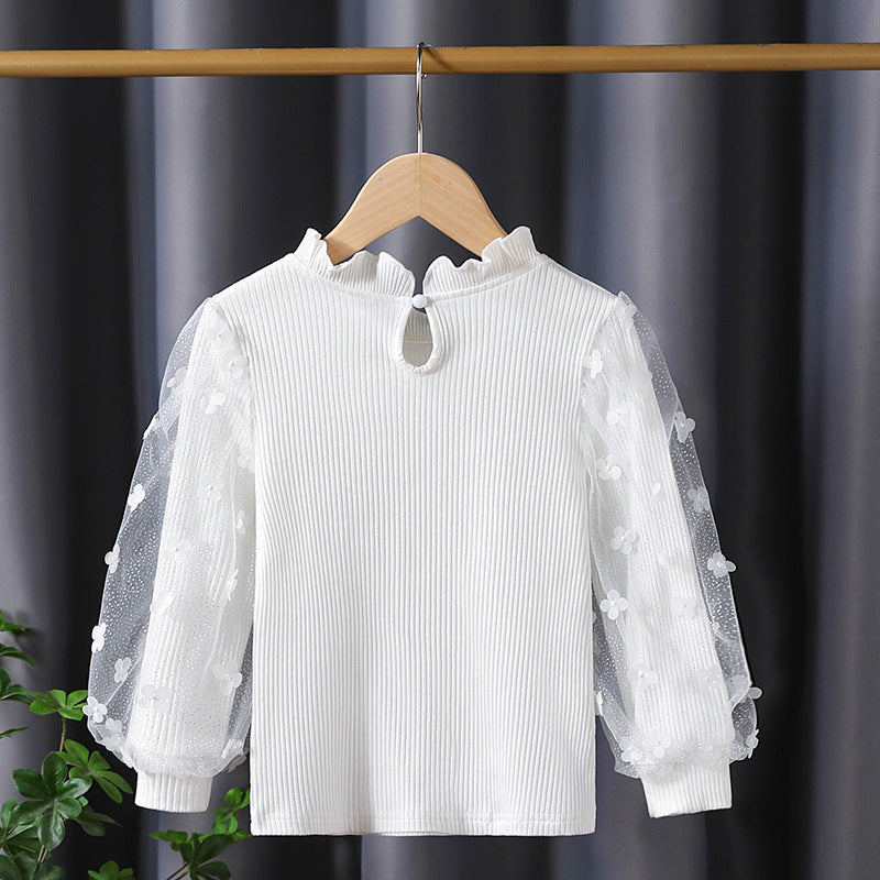 Mädchen Rüschenbluse mit floralen Applikationen und transparenten Ärmeln EB