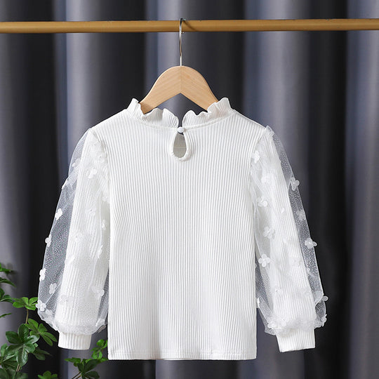 Mädchen Rüschenbluse mit floralen Applikationen und transparenten Ärmeln EB