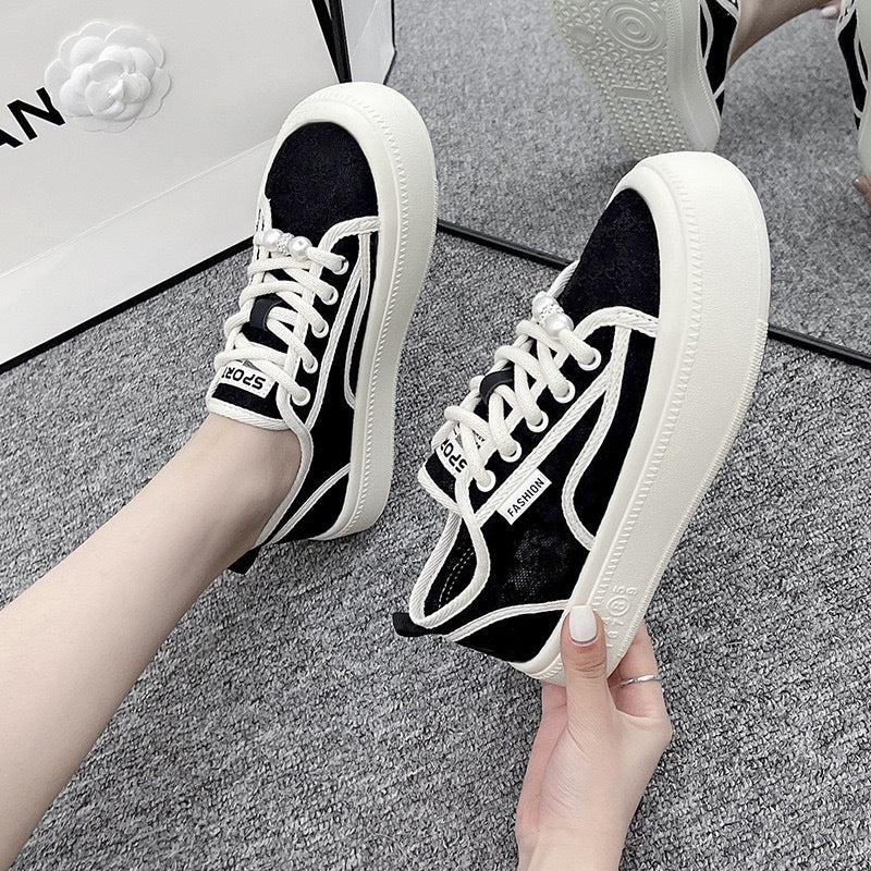 Damen modische Sneaker mit trendiger Perlenschnürung und robuster Gummisohle EB