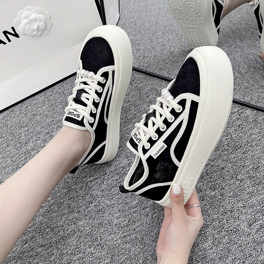 Damen modische Sneaker mit trendiger Perlenschnürung und robuster Gummisohle EB