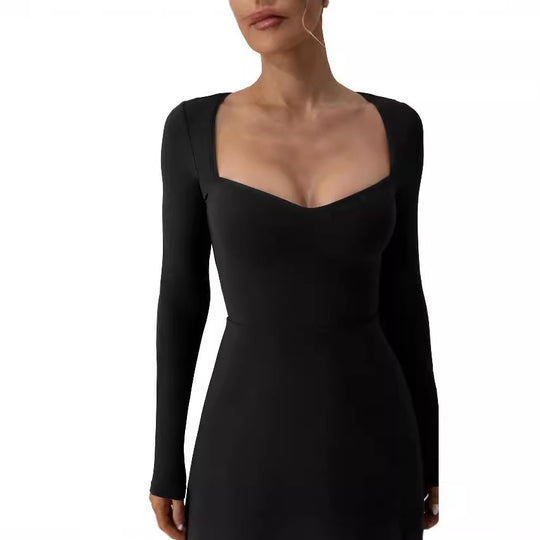Damen elegantes Minikleid mit tiefem Herzausschnitt und langen Ärmeln EB