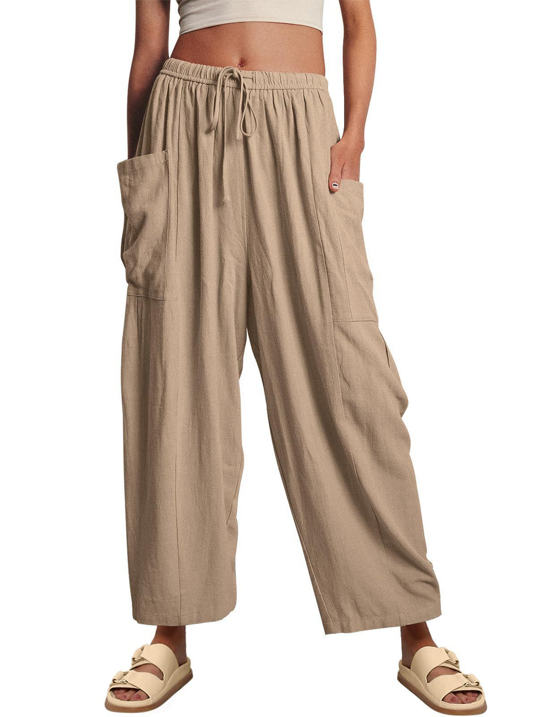 Damen nan weite Palazzohose aus leichtem Leinenmix mit Tunnelzug und seitlicher Tasche EB