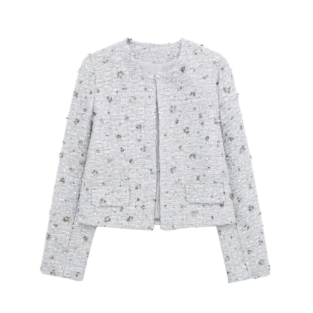 Damen elegante Tweedjacke mit funkelnden Pailletten und strukturiertem Design EB