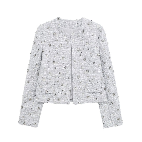 Damen elegante Tweedjacke mit funkelnden Pailletten und strukturiertem Design EB