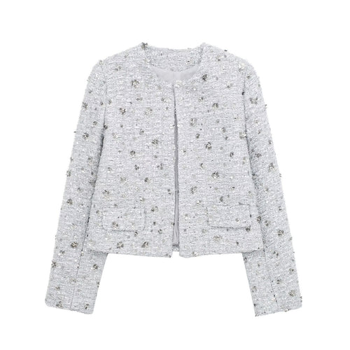 Damen elegante Tweedjacke mit funkelnden Pailletten und strukturiertem Design EB