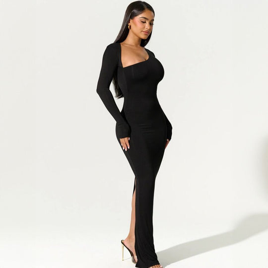 Damen elegantes Wickel-Maxi-Kleid mit asymmetrischem Halsausschnitt EB