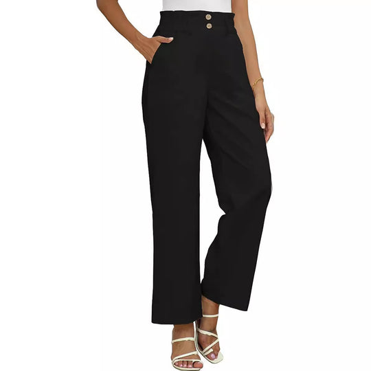 Damen weite Stoffhose mit elastischem Bund und modischen Knopfdetails EB