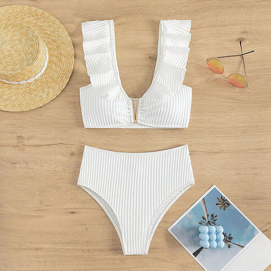 Damen hochtailliertes Bikini-Set mit Rüschendetails und goldenen Akzenten EB
