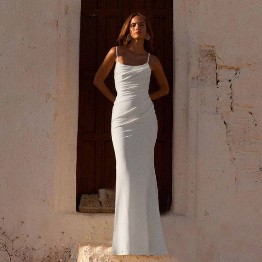 Damen figurbetontes Maxikleid mit Spaghettiträgern und raffinierten Rüschendetails EB