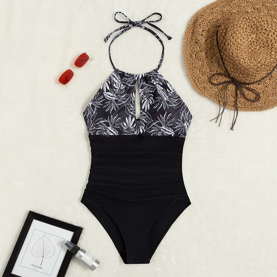 Damen Eleganter Badeanzug mit tiefem Ausschnitt und floralem Design EB