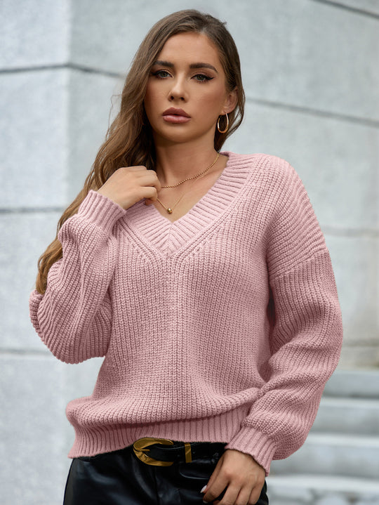 Damen gemütlicher V-Ausschnitt Strickpullover mit lockerem Schnitt und strukturiertem Muster EB