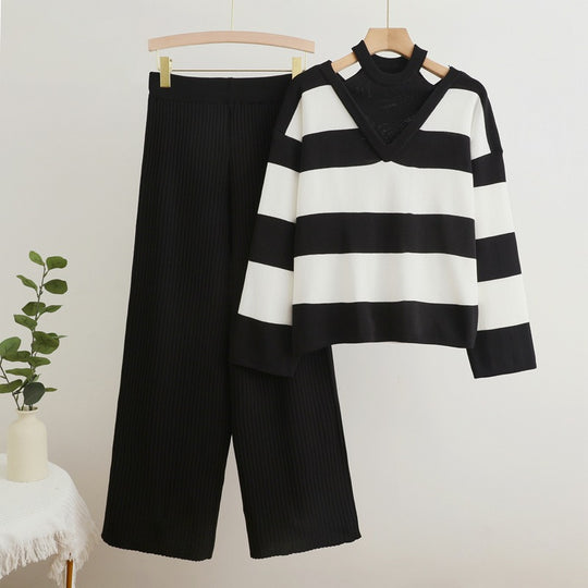Damen modisches Strickensemble mit V-Ausschnitt und breiten Streifen EB