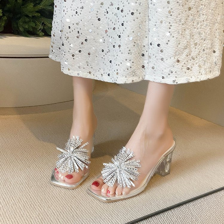 Damen glamouröse Mules mit funkelndem Blumenakzent EB