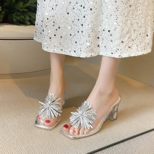Damen glamouröse Mules mit funkelndem Blumenakzent EB