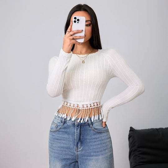 Damen gehäkeltes Crop-Longsleeve mit Fransen-Bordüre und Rippstruktur Eichborn Berlin