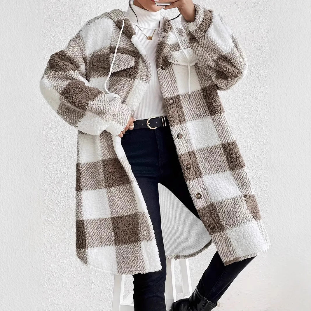 Damen Plüschige Karojacke im Oversized-Stil mit Knopfleiste EB
