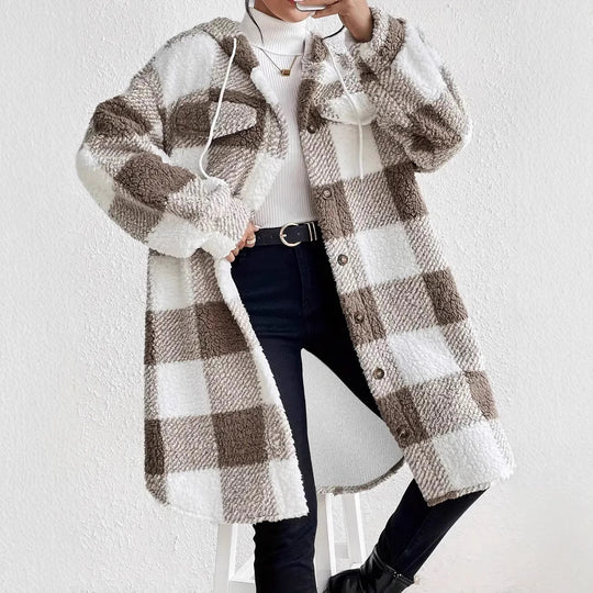 Damen Plüschige Karojacke im Oversized-Stil mit Knopfleiste EB