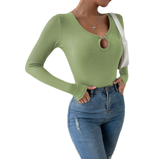 Damen geripptes Langarm-Top mit Keyhole-Detail, zierlichen Zierknöpfen und sculptender Stretch-Passform Eichborn Berlin