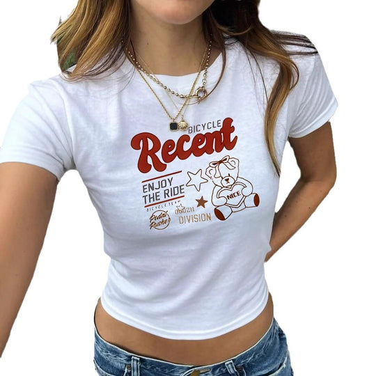 Damen figurbetontes T-Shirt mit Vintage-Teddymotiv und urbanem Schriftzug EB