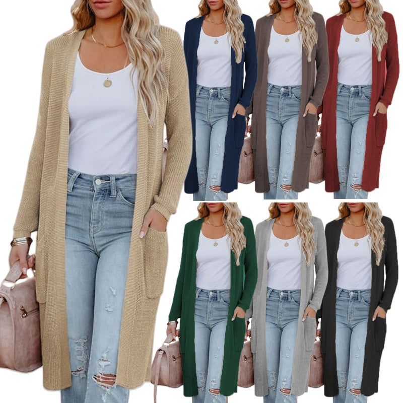 Damen Langer Strickcardigan mit elegantem offenes Design und praktischen Taschen EB