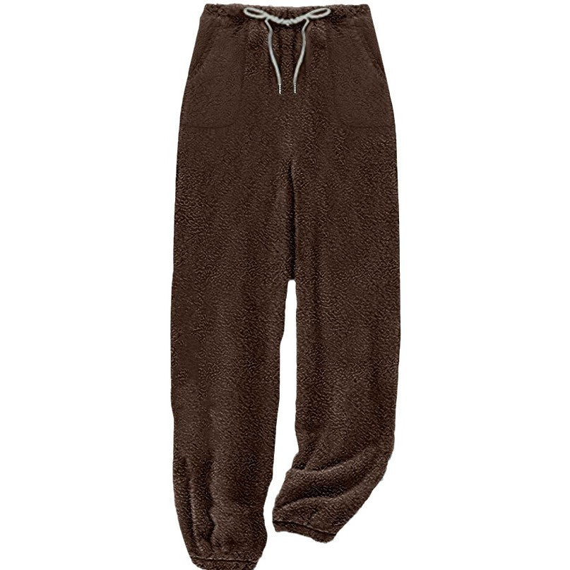 Damen nan kuschelige Sherpa-Fleece Loungehose mit Kordelzug, hoher Taille und elastischen Bündchen EB