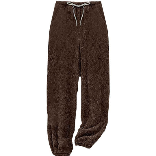 Damen nan kuschelige Sherpa-Fleece Loungehose mit Kordelzug, hoher Taille und elastischen Bündchen EB
