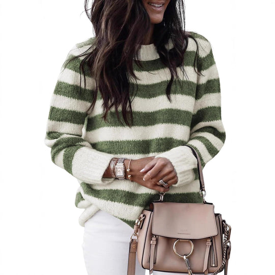 Damen lässiger Strickpullover mit breiten Querstreifen EB