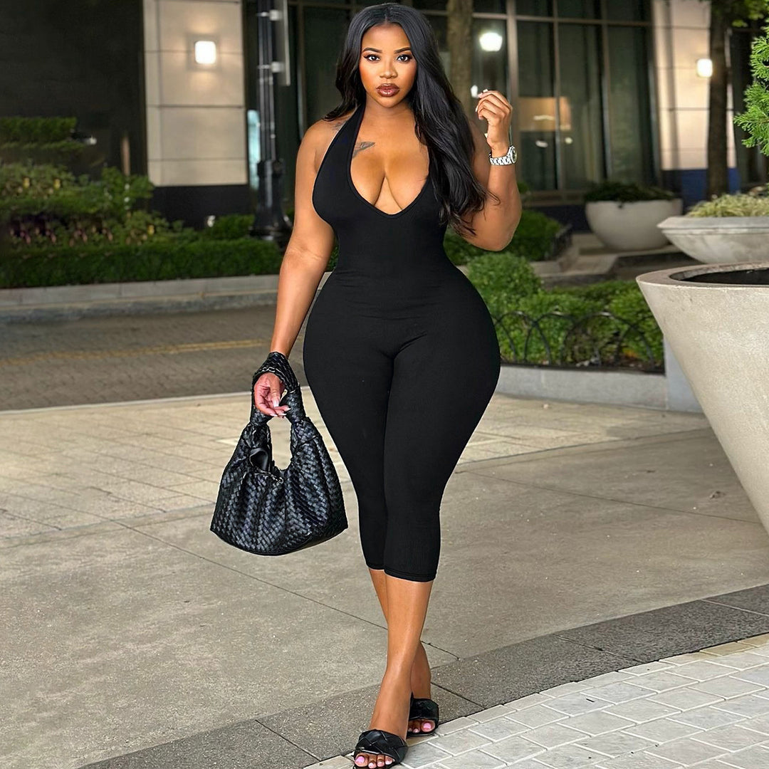 Damen Eleganter bodenlanger Jumpsuit mit tiefem V-Ausschnitt EB