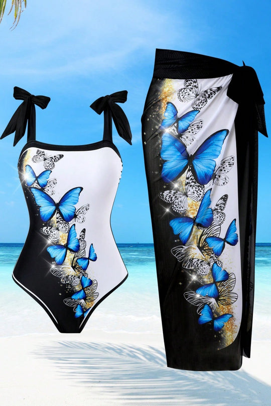 Damen Einteiler Badeanzug mit schickem Wickelrock und Butterfly-Motiv EB