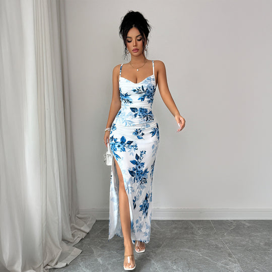 Damen Maxi-Kleid mit seitlichem Schlitz und blumigem Design EB