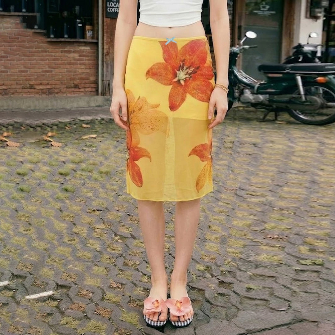 Damen Midi-Rock mit floralem Chiffon und elastischem Bund EB