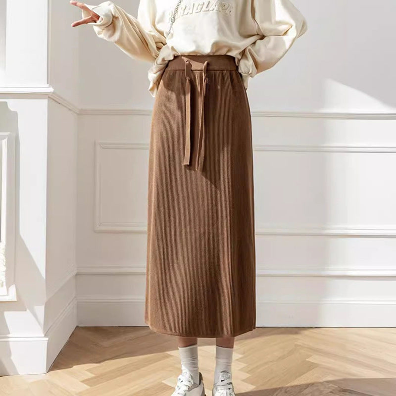 Damen Midi-Rock mit Taillenschnürung und geripptem Design EB