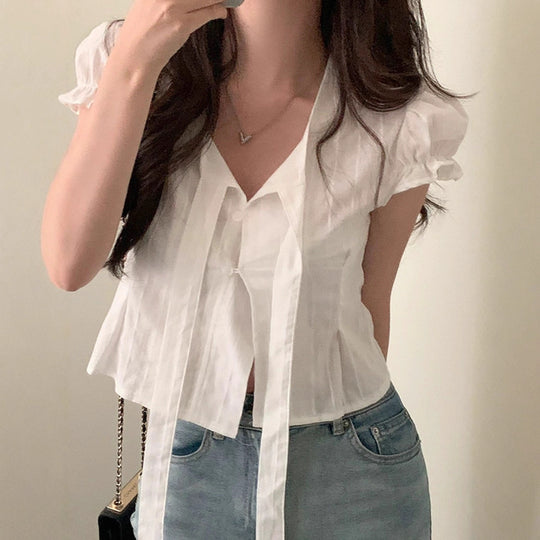 Damen kurzarm bluse mit dekorativen bindebändern EB